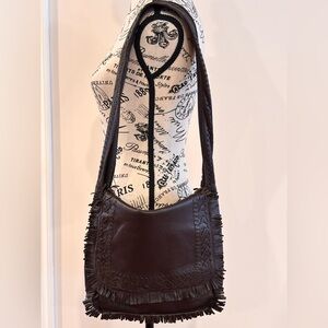 Fringed Brown Soft Leather Shoulder Bag with Woven Leather Details Boho